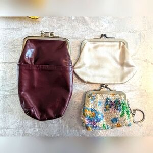 🤎 Vintage Change Purses 3 Leather Beaded Butterfly Satin Key Chain